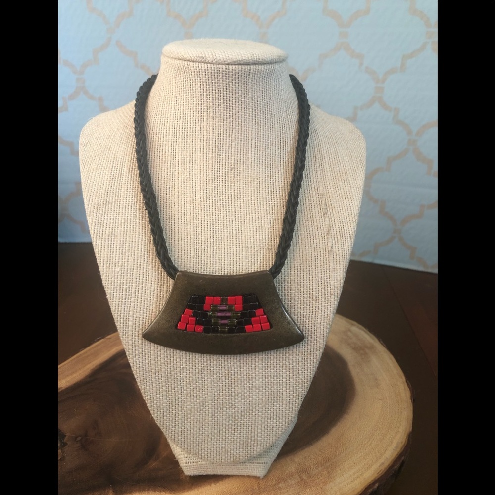 Chico’s Brass, Braided Black Leather, Red & Metallic Bead Necklace